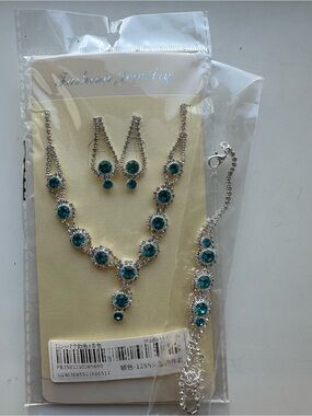 Fashion Jewelry Teal Crystal Necklace, Earrings & Bracelet Set - Silver-Tone